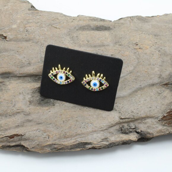 Brand New Evil Eye gold plated earrings - Picture 2 of 4